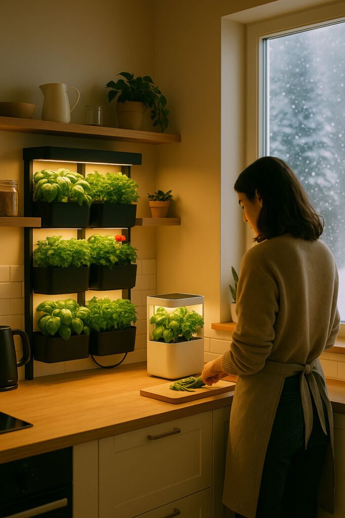Femme cuisinant dans une cuisine moderne avec un jardin vertical connecté et un système hydroponique d’herbes aromatiques, tandis que la neige tombe à l’extérieur