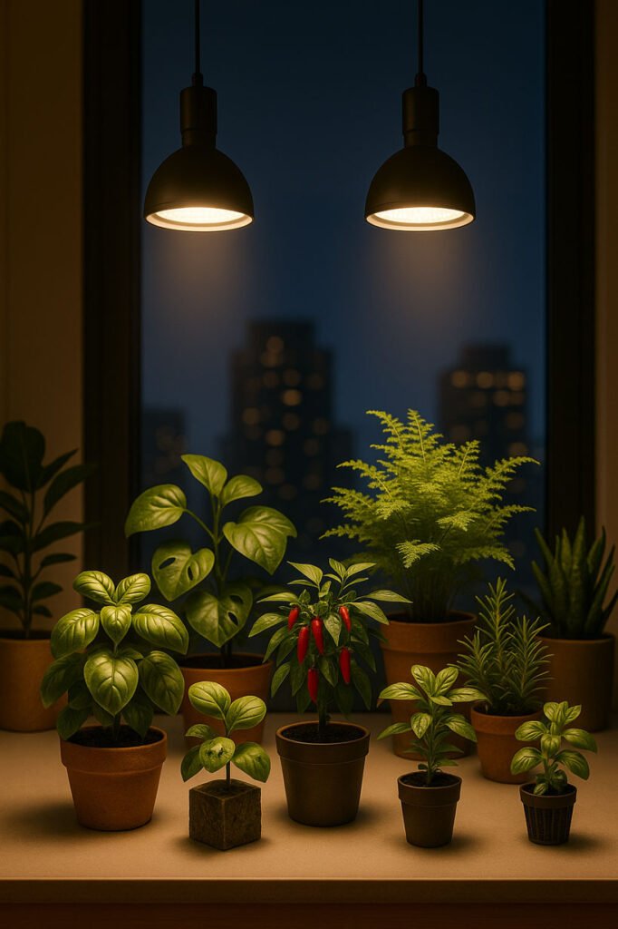 Deux spots LED horticoles éclairant plusieurs plantes en pots devant une grande fenêtre avec vue sur la ville de nuit, ambiance premium et chaleureuse.