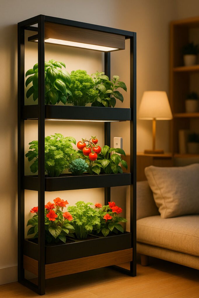 Système modulaire de jardin d’intérieur autonome avec étagères, LED intégrées et plantes variées en croissance dans un salon moderne