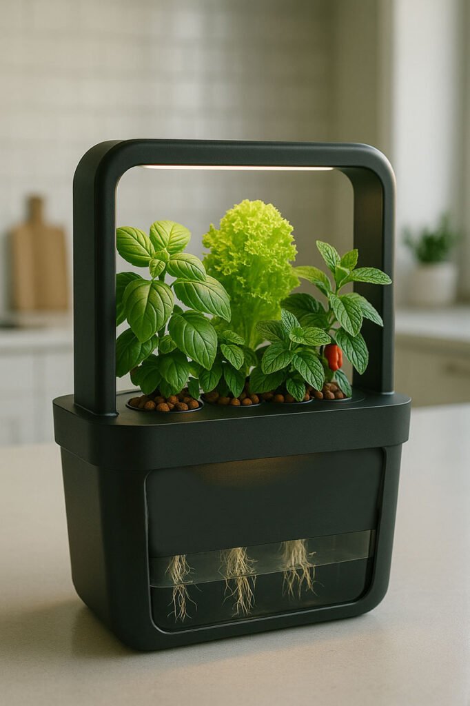 Système hydroponique compact avec basilic, laitue, menthe et mini-piments, montrant les racines visibles sans terre dans un réservoir transparent, posé sur un plan de travail de cuisine moderne