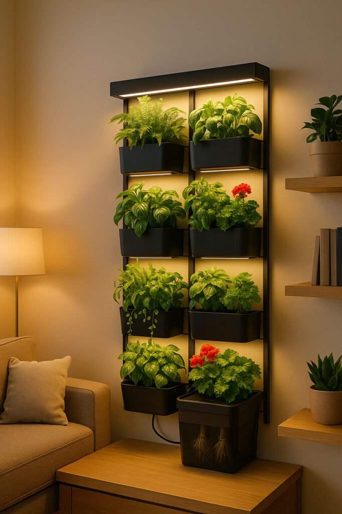 Jardin vertical connecté installé dans un salon moderne, avec modules muraux, LED horticoles intégrées et plantes luxuriantes en croissance