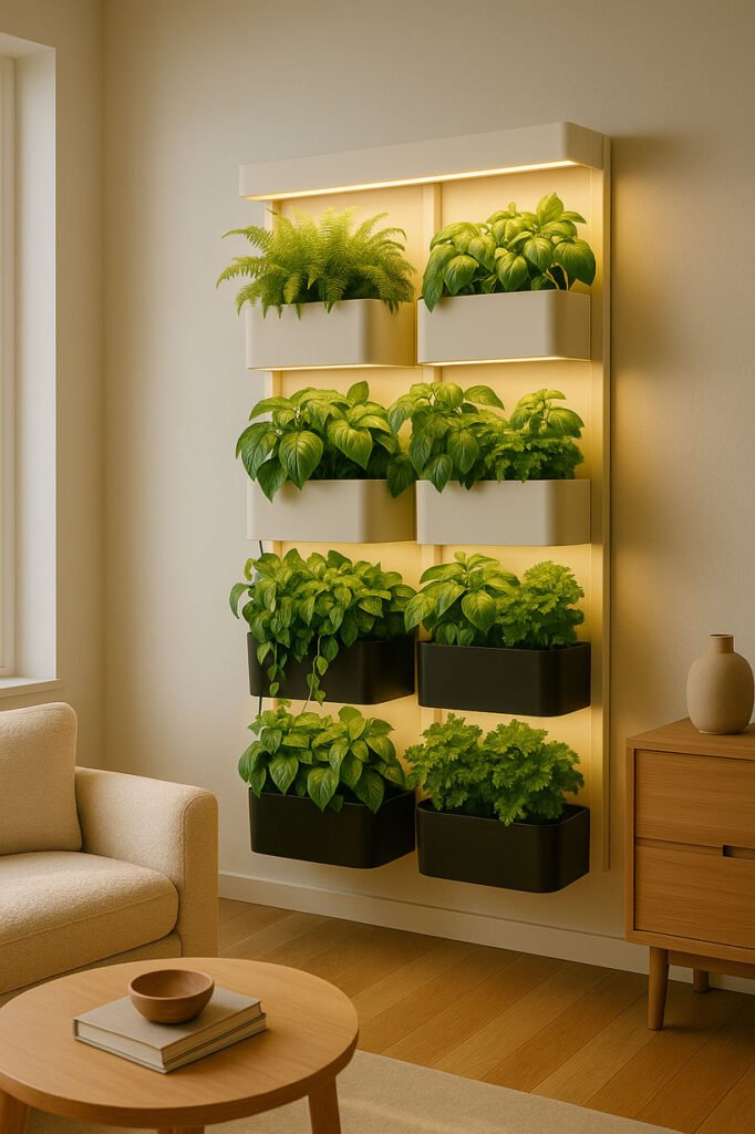 Jardin vertical connecté avec éclairage LED intégré dans un salon luxueux, ambiance chaleureuse et décor haut de gamme.