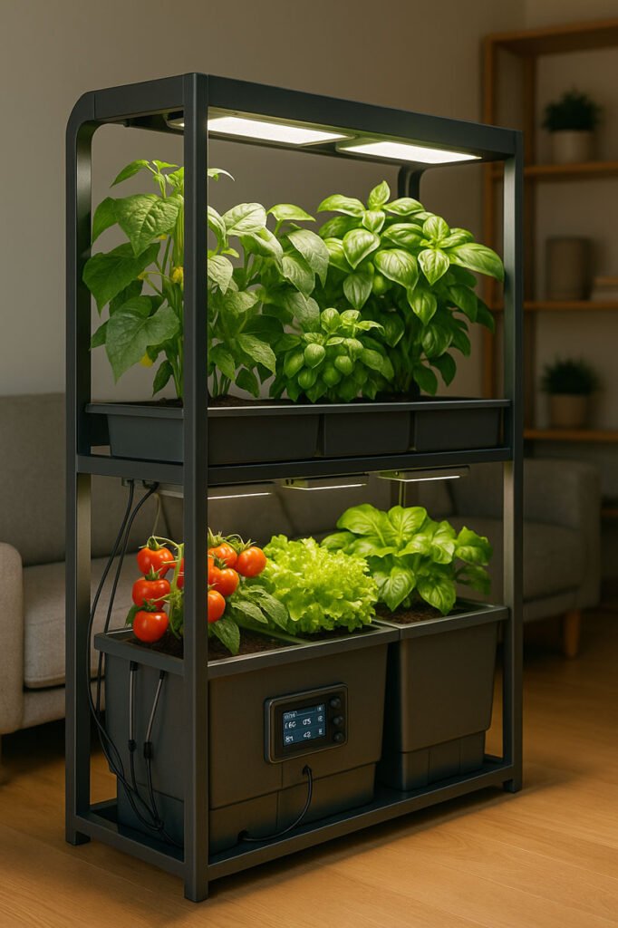 Module potager high-tech d’intérieur avec LED horticoles, capteurs intégrés et légumes en croissance, installé dans un salon moderne