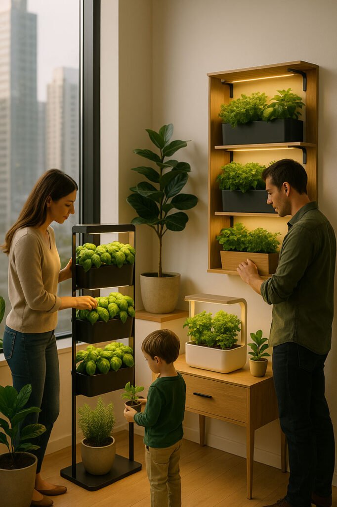 Famille interagissant avec des jardins d’intérieur connectés : jardin vertical, module hydroponique et plantes aromatiques dans un intérieur moderne et lumineux.