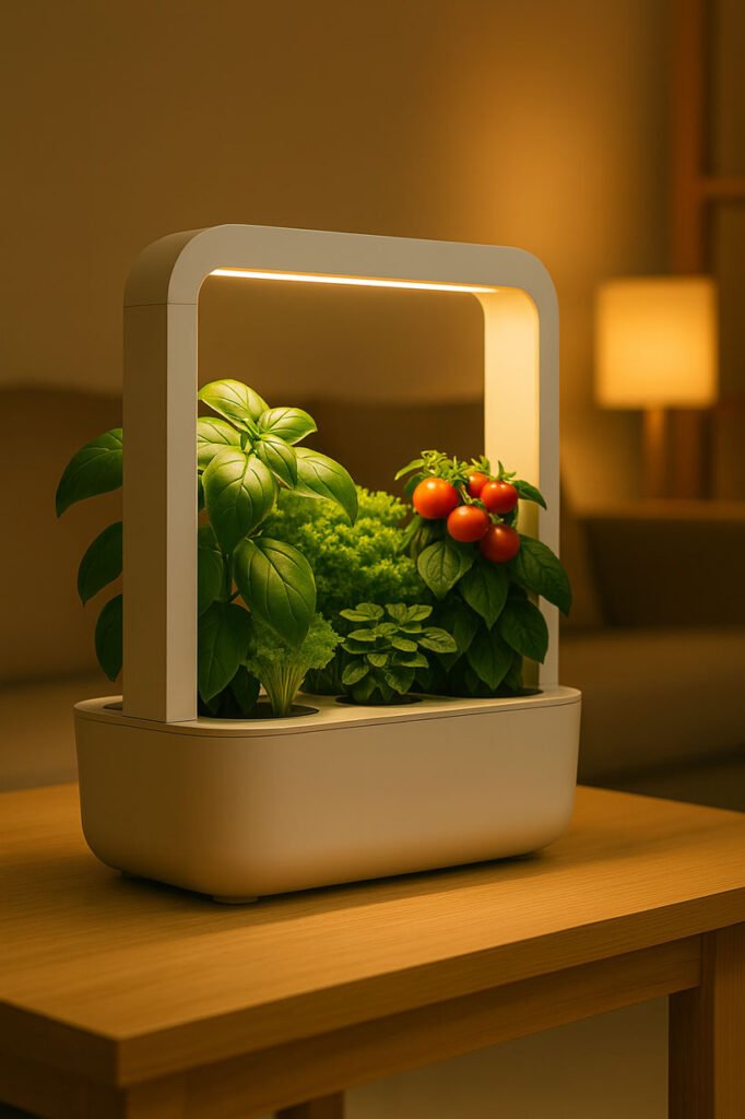 Smart garden d’intérieur nouvelle génération avec plantes et tomates cerises sous LED, posé sur une table dans un salon moderne et chaleureux