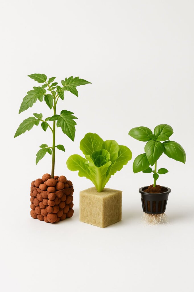 Plantes cultivées sur différents substrats hydroponiques — billes d’argile, laine de roche et pot panier avec racines visibles — présentées sur fond blanc dans un style photoréaliste premium.