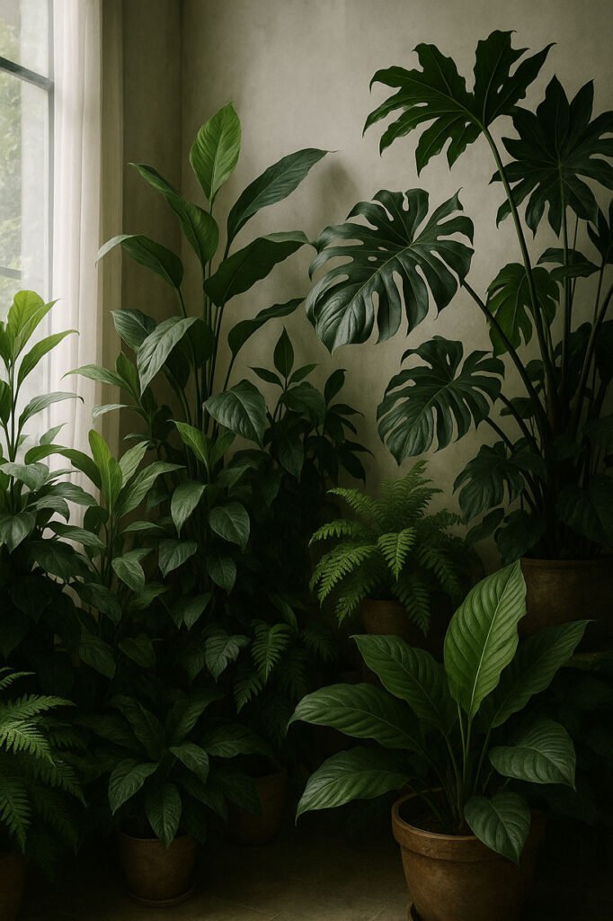 Composition de plantes graphiques (Monstera, Philodendron, fougères) dans un intérieur tamisé, ambiance jungle urbaine sophistiquée