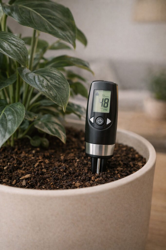 Analyseur de sol mesurant l’humidité du substrat d’une plante d’intérieur pour éviter l’excès ou le manque d’arrosage