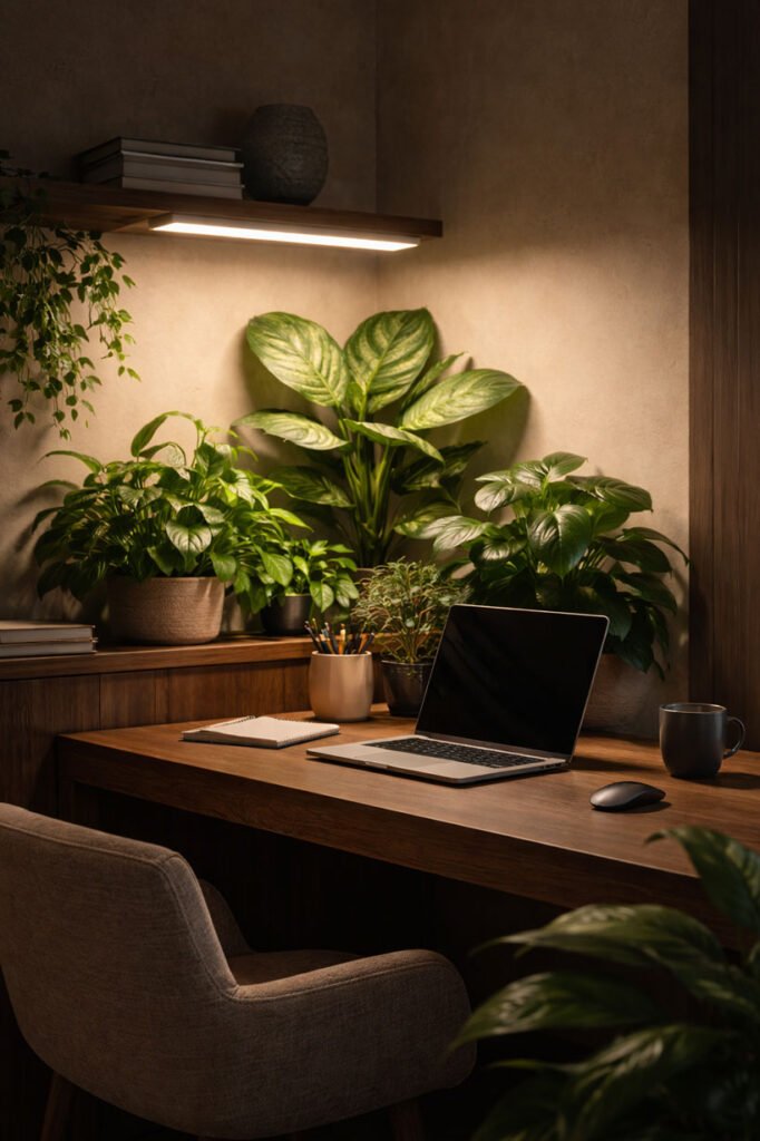 Bureau sans lumière naturelle avec plantes d’intérieur éclairées par une lampe horticole LED intelligente, créant un espace de travail végétalisé et apaisant.