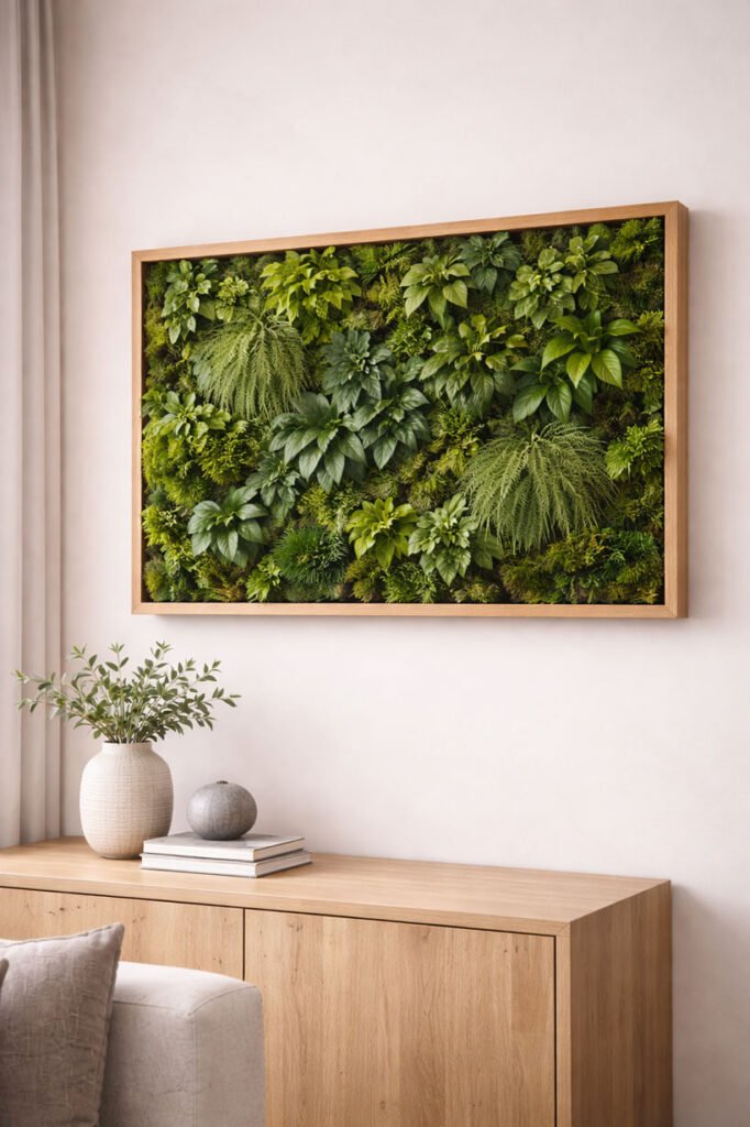 Cadre végétal mural design dans un intérieur minimaliste, plantes vertes et mousses intégrées dans une décoration élégante et naturelle