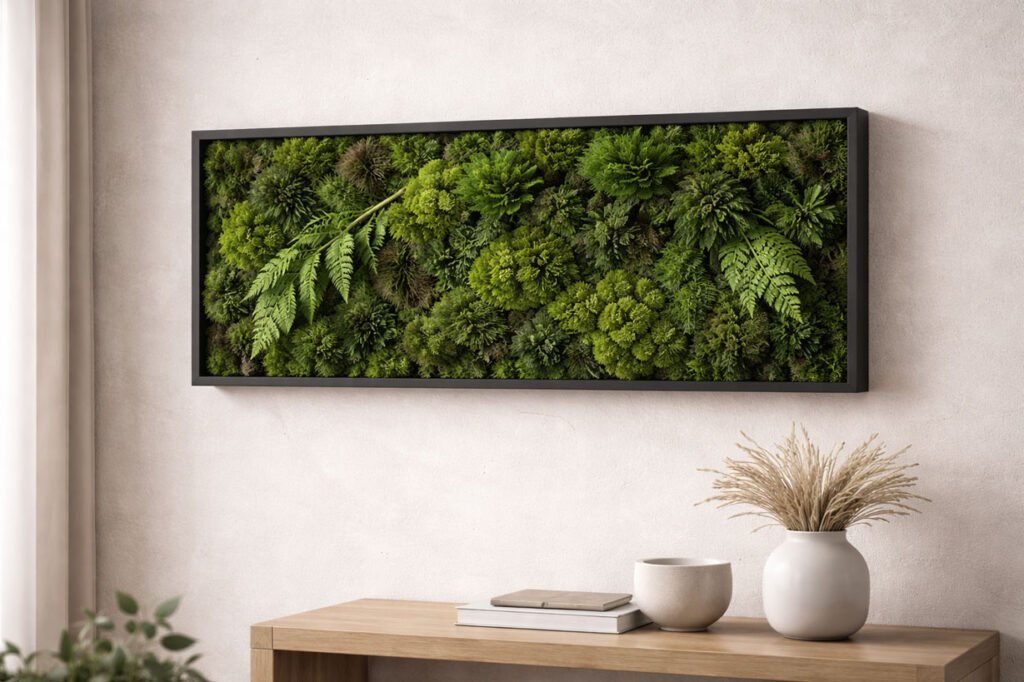 Cadre végétal stabilisé moderne composé de mousse naturelle, solution décorative sans entretien pour un intérieur design