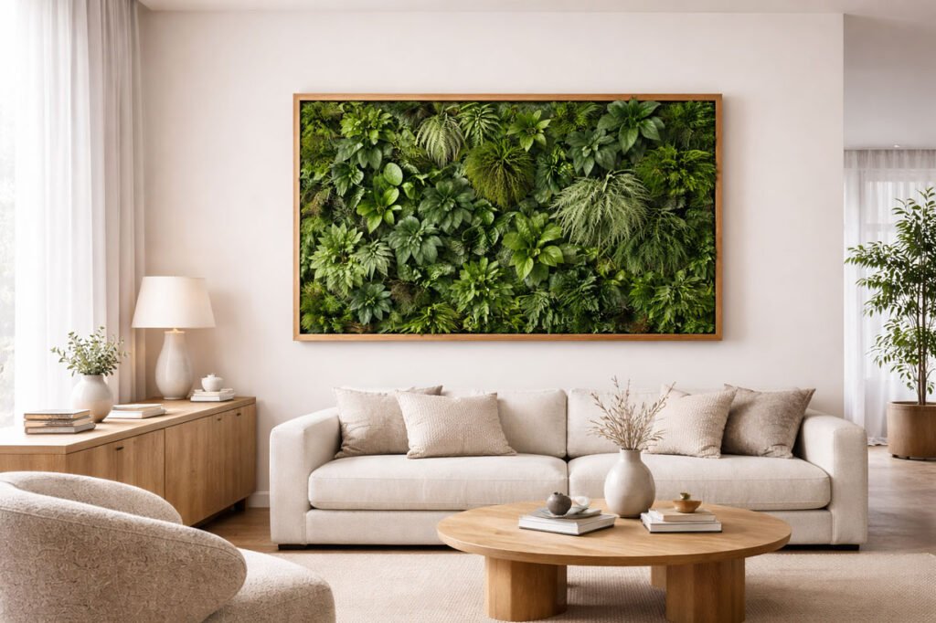 Cadre végétalisé décoratif mural encadré en bois clair, plantes vertes et mousses intégrées dans un salon moderne et épuré