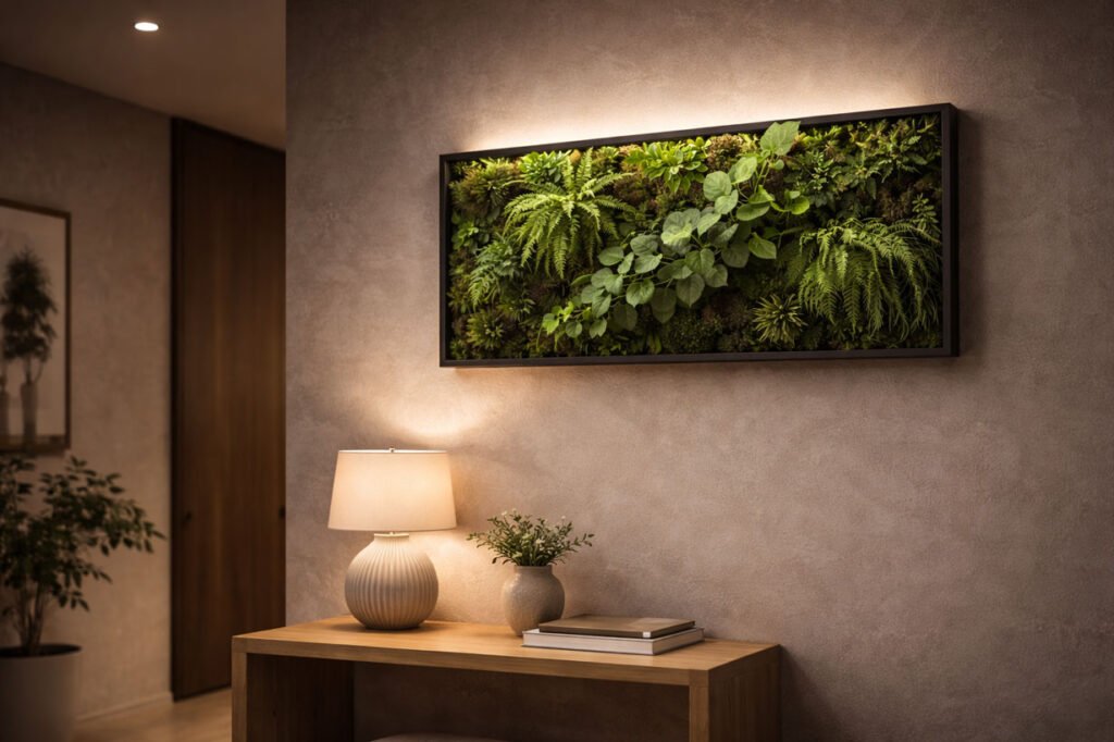 Cadre végétalisé vivant éclairé par une lumière LED horticole discrète, solution idéale pour les murs peu lumineux en intérieur