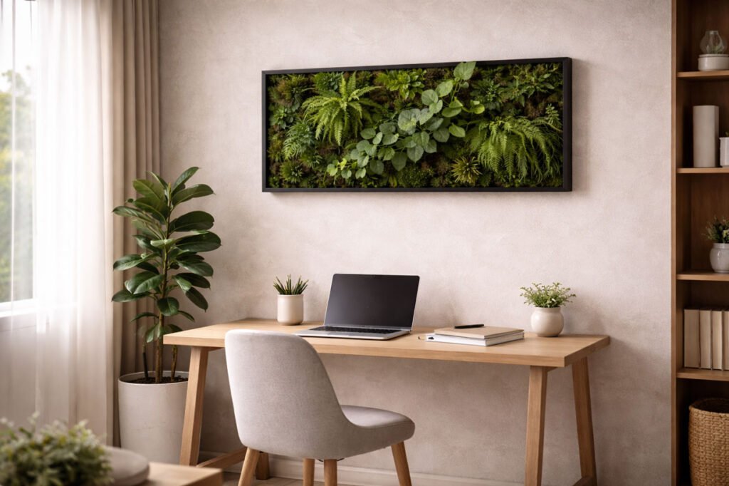 Cadre végétalisé moderne installé dans un bureau design, apportant une présence végétale apaisante sans encombrer l’espace