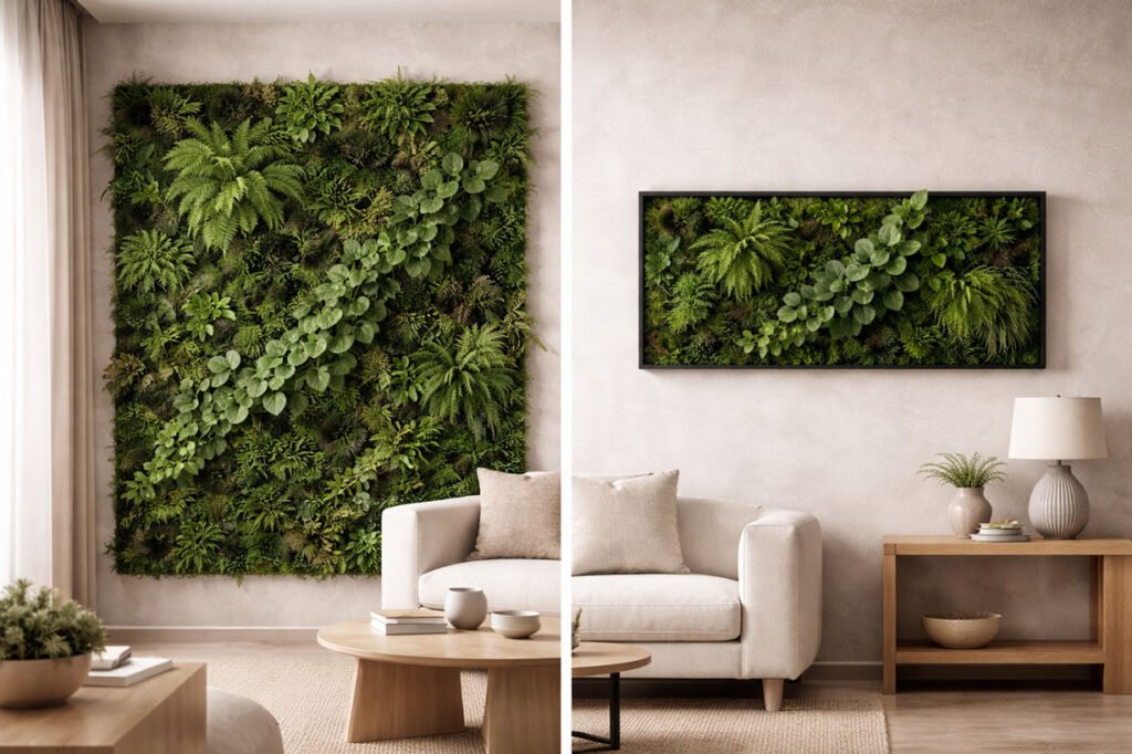 Comparaison visuelle entre un cadre végétalisé moderne de petit format et un mur végétal intérieur couvrant un pan de mur dans un espace contemporain