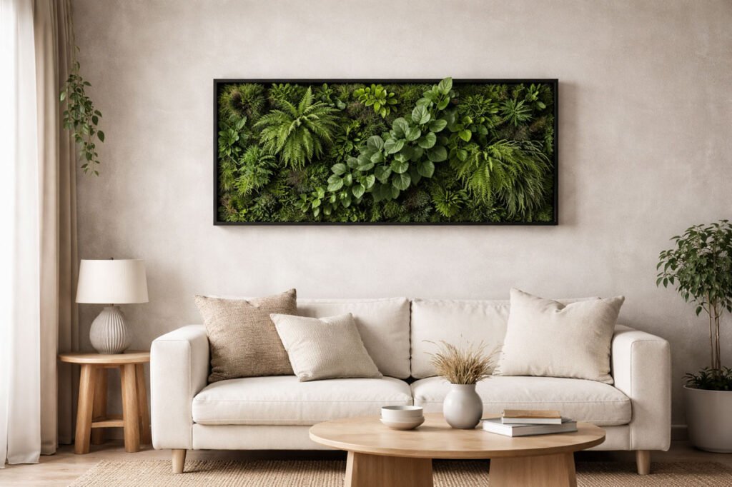 Cadre végétalisé moderne accroché dans un salon contemporain, intégration élégante du végétal comme élément de décoration murale intérieure
