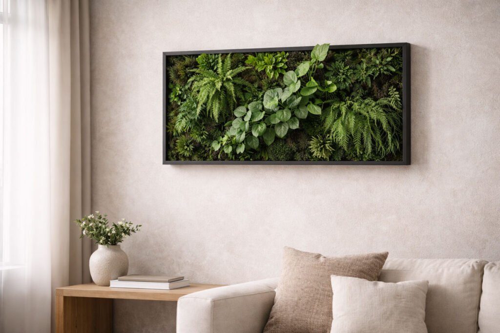 Cadre végétalisé vivant intégrant des plantes d’intérieur à feuillage souple, conçu comme un objet décoratif mural moderne