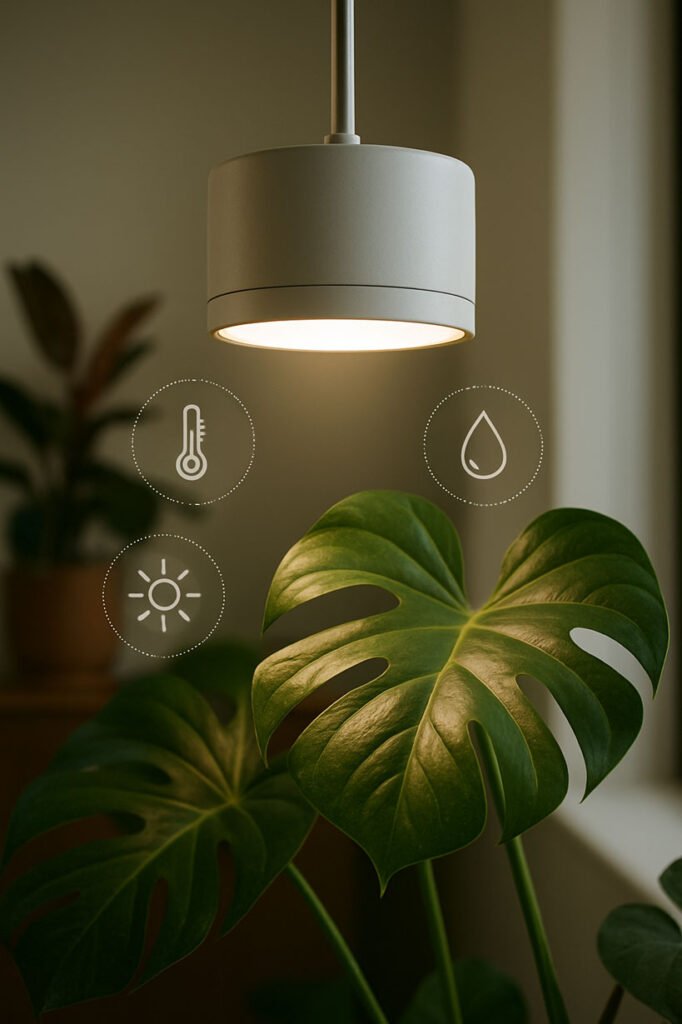 Lampe horticole LED intelligente avec capteurs de lumière, température et humidité, ajustant automatiquement l’éclairage des plantes d’intérieur.