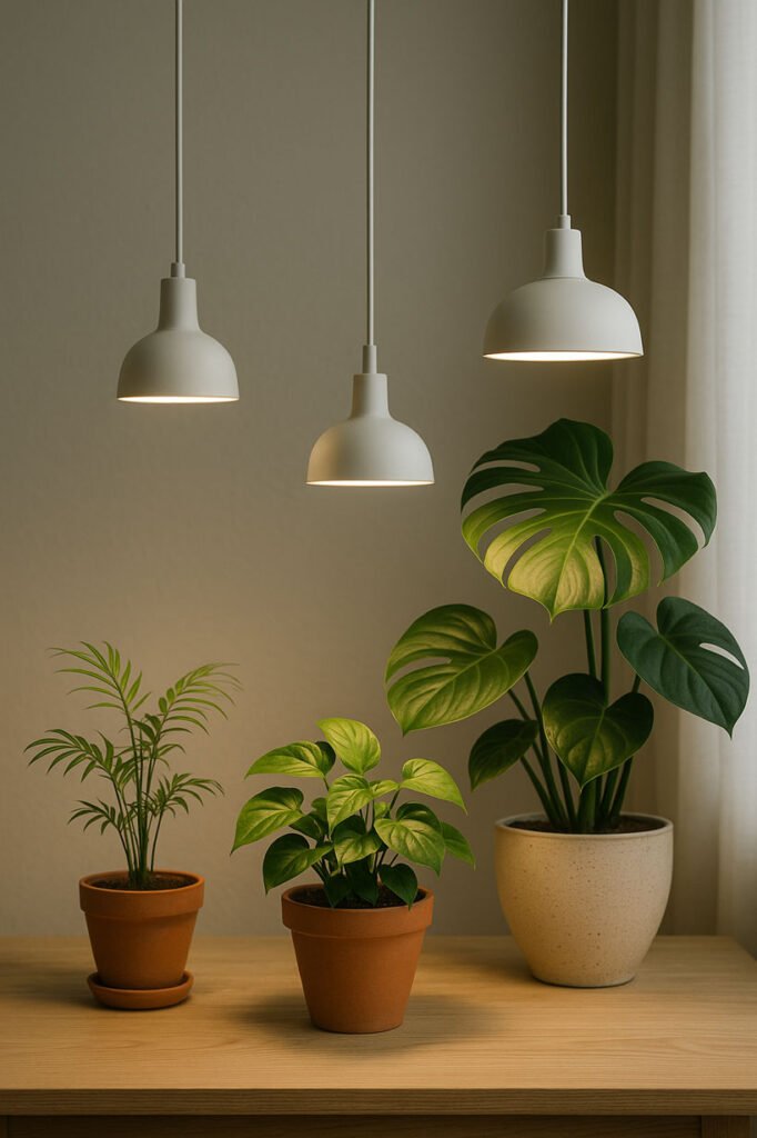 Plantes d’intérieur de tailles différentes éclairées par des lampes horticoles LED adaptées à leur puissance lumineuse.