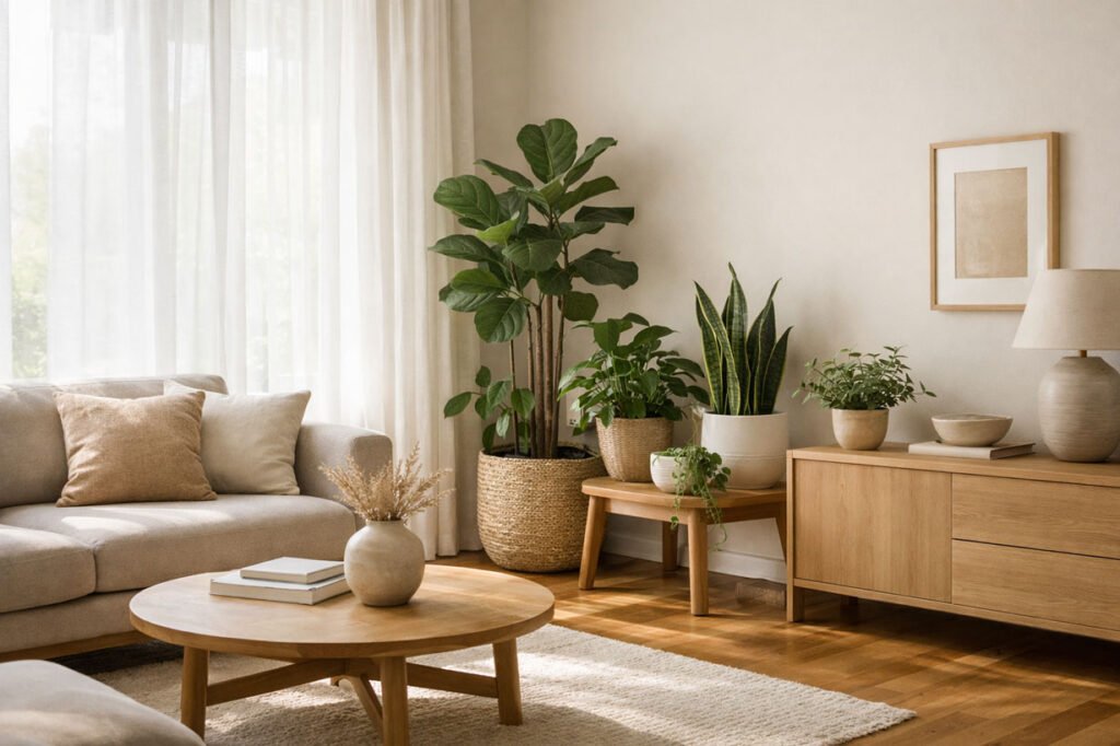 Salon lumineux avec plantes d’intérieur intégrées près d’une fenêtre, illustrant l’emplacement idéal pour créer un jardin d’intérieur harmonieux.