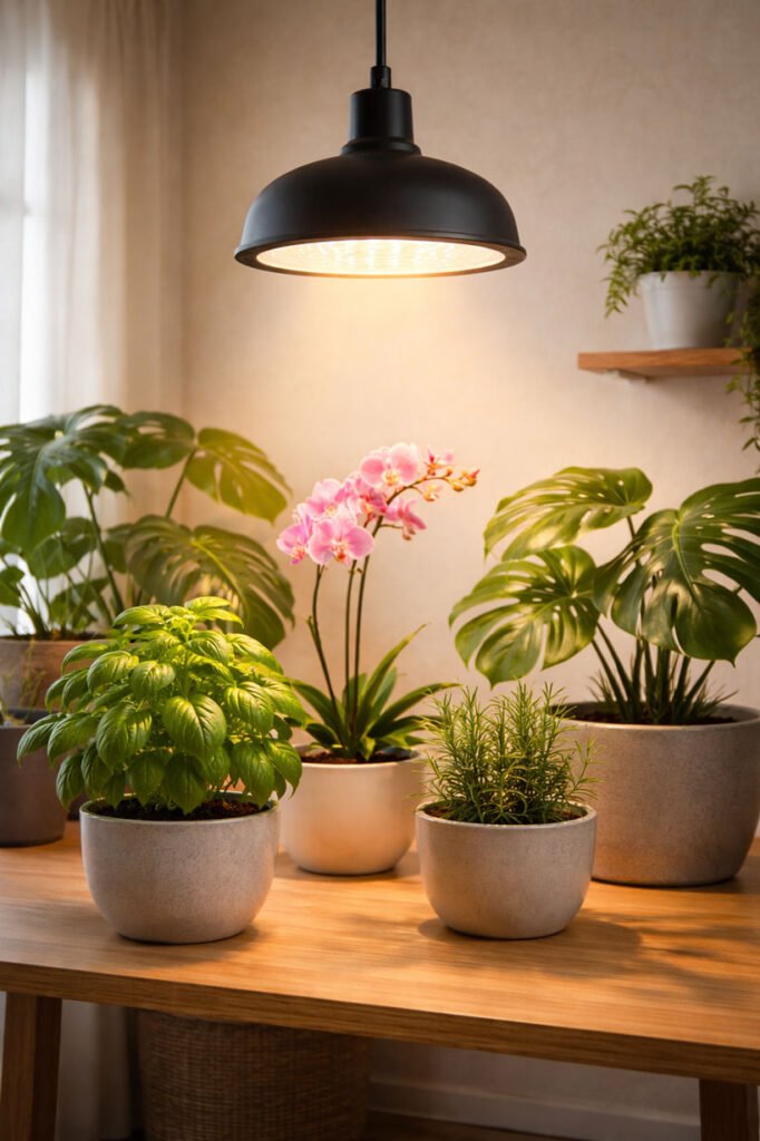 Différents types de plantes d’intérieur — aromatiques, plante fleurie et plante verte — éclairés par une lampe horticole LED, illustrant l’adaptation de l’éclairage aux besoins de chaque plante.