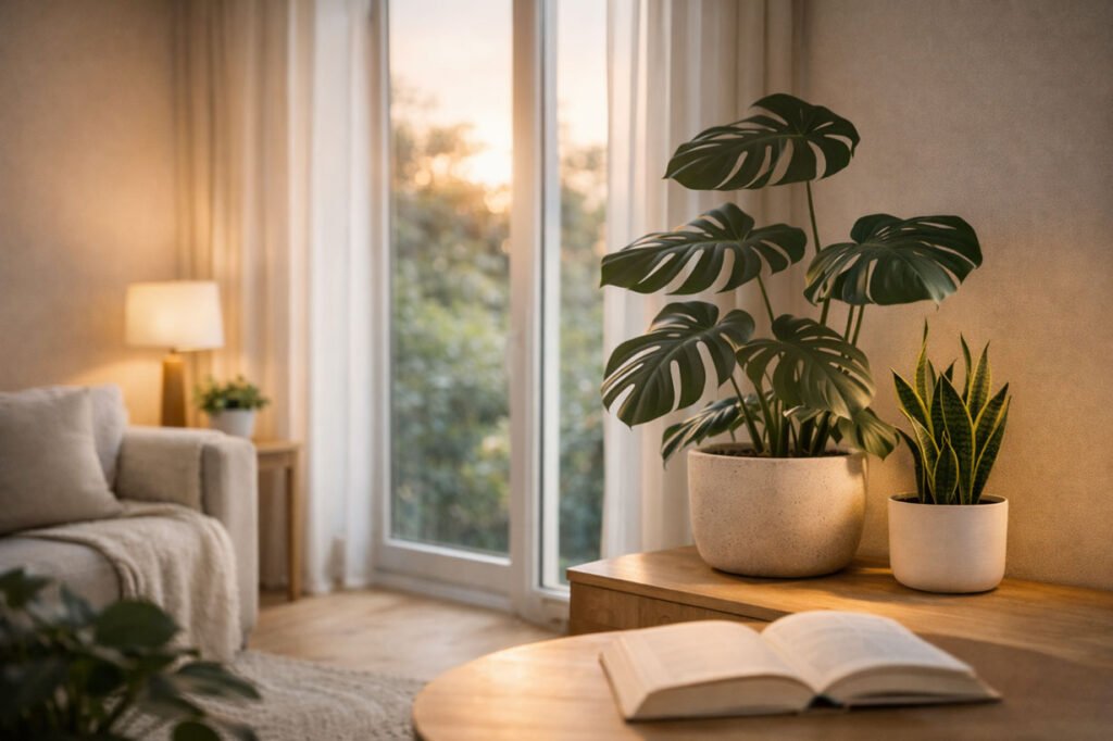 Commencer-son-jardin-d’intérieur-nouvelle-génération Ambiance intérieure apaisante avec plantes d’intérieur, invitant à découvrir le jardin d’intérieur nouvelle génération.