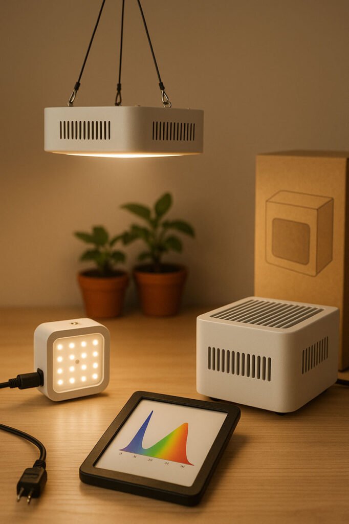 Lampe LED branchée à un wattmètre et lampe marketing posée près de son emballage dans une scène horticole intérieure.