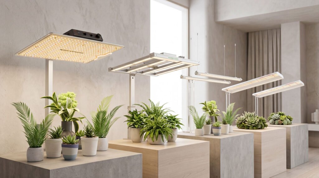 comparaison puissance lampes horticoles LED selon surface de culture intérieure de 60x60 à grande surface avec plantes en pleine croissance