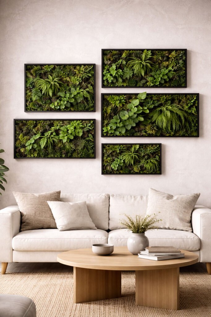 Mur décoratif composé de plusieurs cadres végétalisés modernes, approche modulaire et artistique du végétal en intérieur