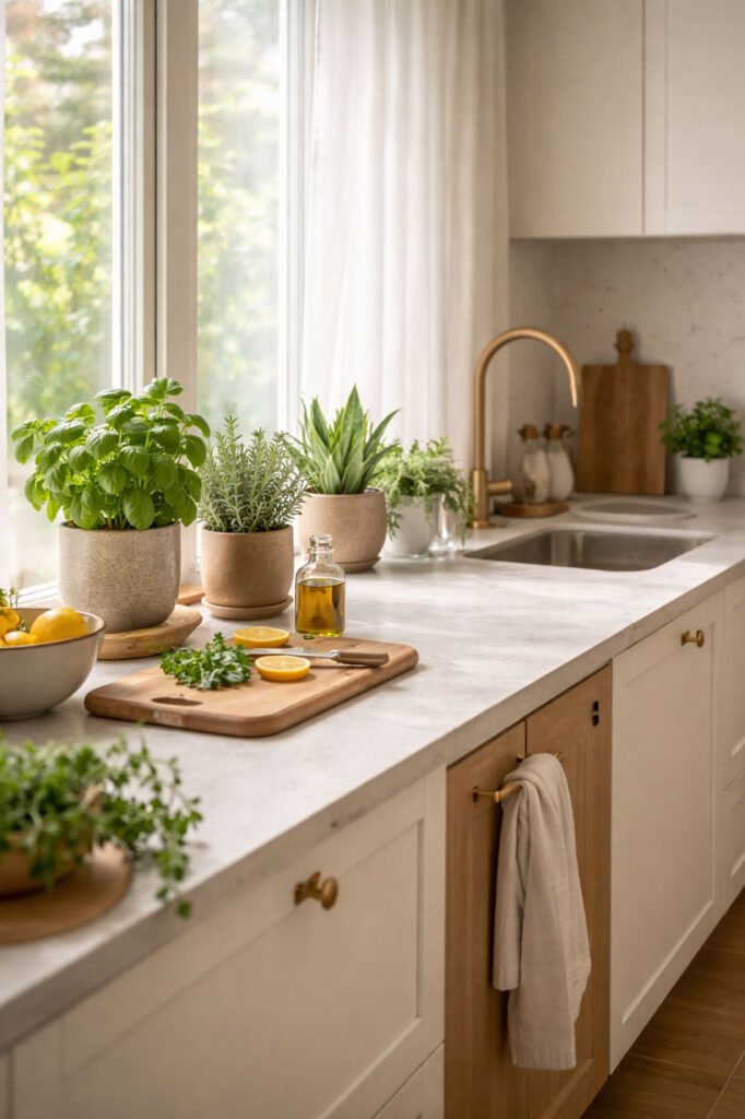 Plantes aromatiques et feuillages installés dans une cuisine lumineuse, illustrant un emplacement idéal pour un jardin d’intérieur utile et décoratif.
