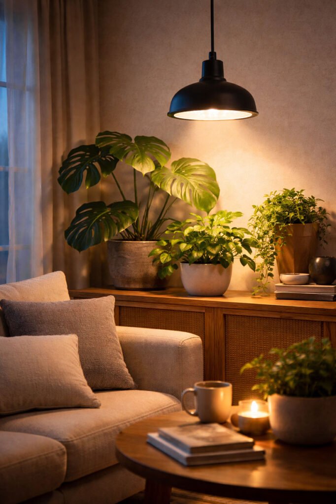 Lampe horticole LED éclairant des plantes d’intérieur dans un salon en soirée, illustrant la gestion de la durée d’éclairage et le respect du cycle jour/nuit.