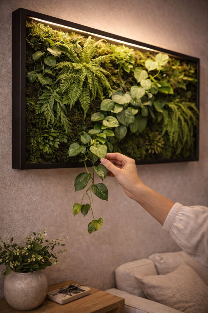 Gros plan sur les feuilles et le substrat d’un cadre végétalisé vivant, mettant en valeur la texture et la matière végétale