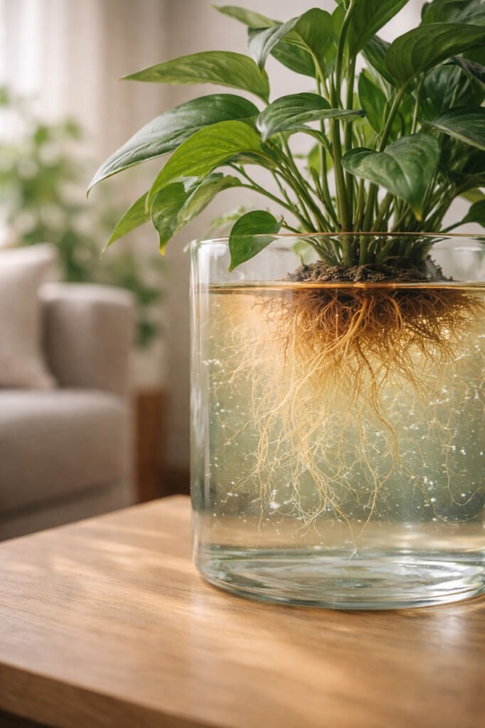 Plante d’intérieur cultivée dans une solution nutritive équilibrée, avec des racines visibles montrant l’importance du pH pour la disponibilité et l’assimilation des nutriments.