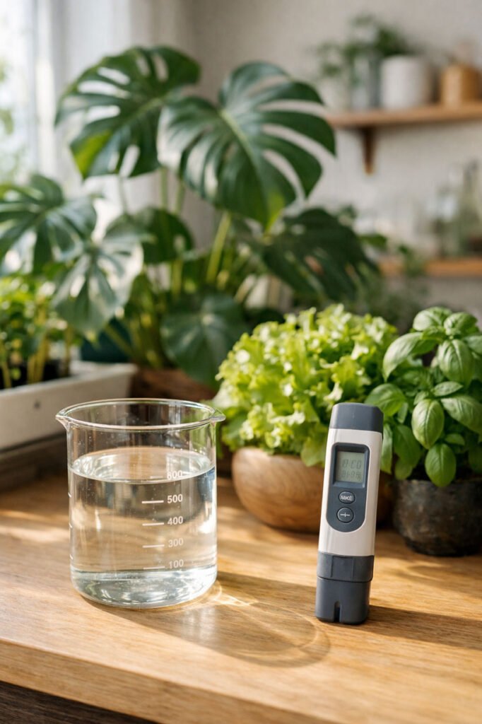 Solution nutritive et EC mesurée dans un jardin d’intérieur moderne avec plantes en pleine santé