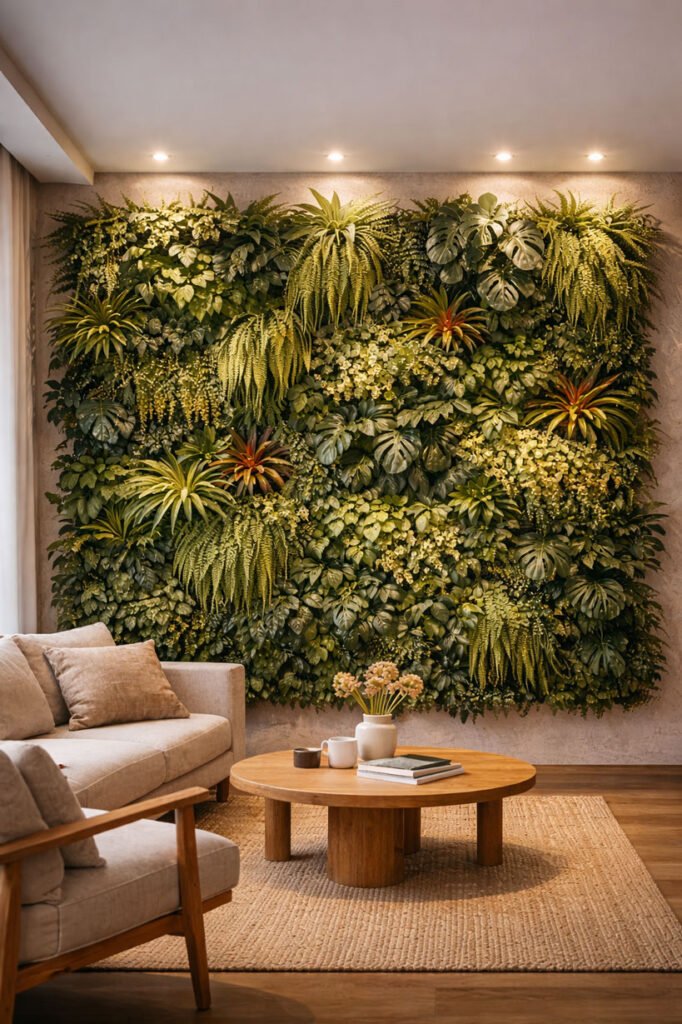 Mur végétal intérieur éclairé par des lampes LED horticoles intégrées, assurant une lumière homogène pour la croissance des plantes et la mise en valeur esthétique dans un salon contemporain