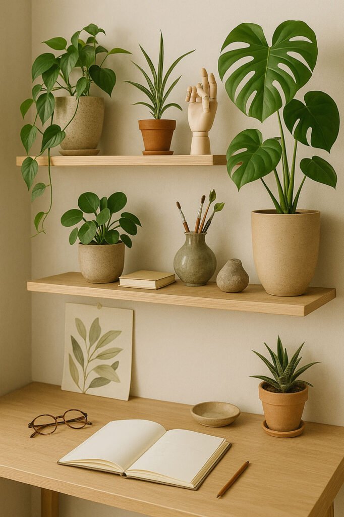 Petit coin de travail artistique décoré de plantes variées sur étagères fines, carnet ouvert et ambiance lumineuse inspirée des magazines déco.