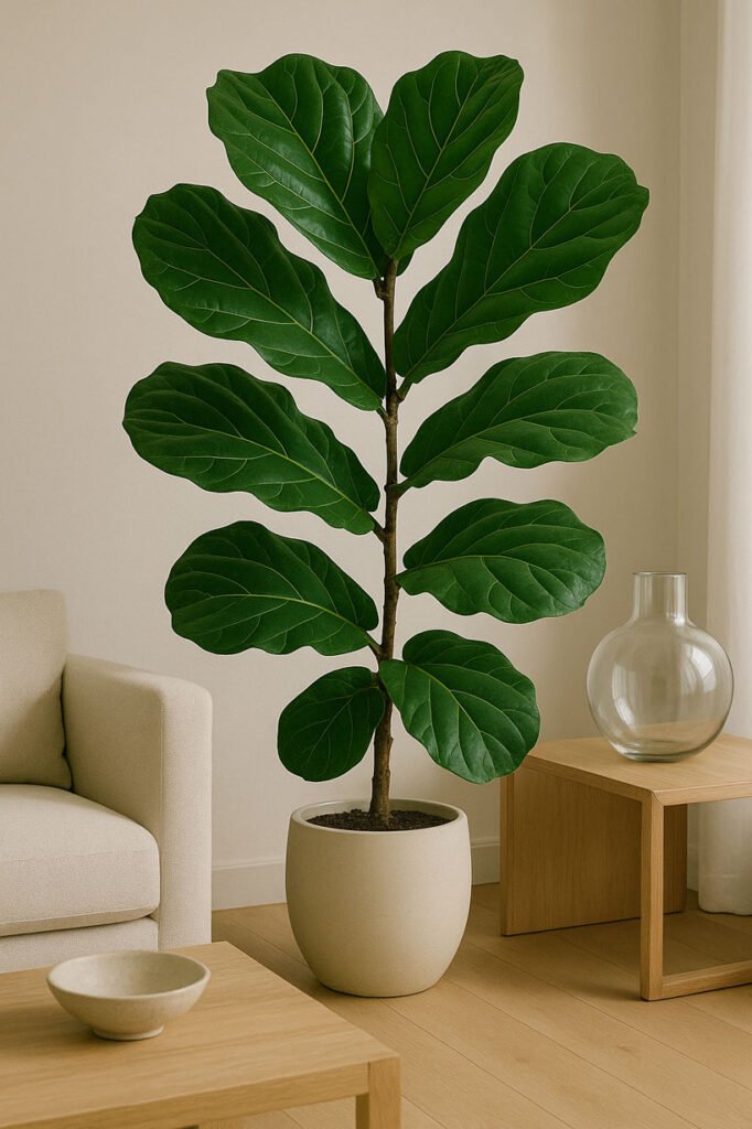 Grande plante statement (Ficus lyrata) présentée comme une pièce d’art dans un salon contemporain aux matériaux nobles.