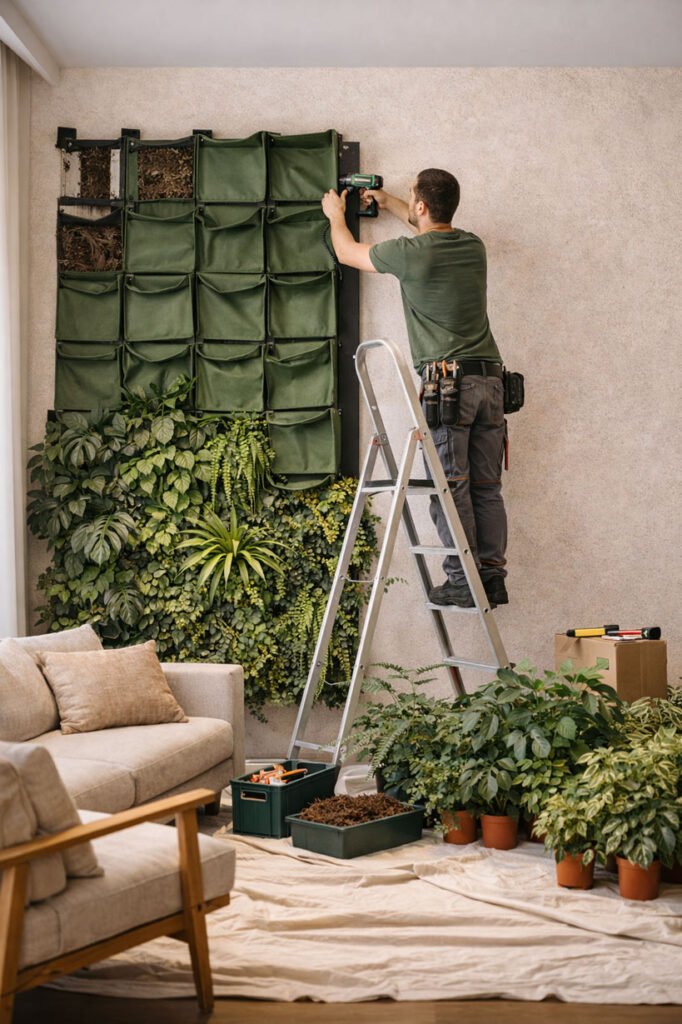 Installation d’un mur végétal intérieur avec structure modulaire, fixation murale et poches végétales, réalisée dans un salon avec anticipation du poids, de l’humidité et de l’accès technique