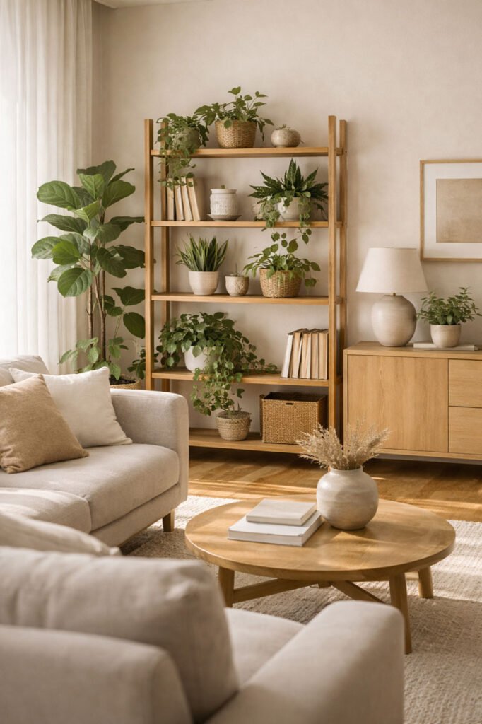 Jardin d’intérieur discret intégré dans un salon moderne, avec plantes en pots et étagère végétalisée près d’une source de lumière naturelle.