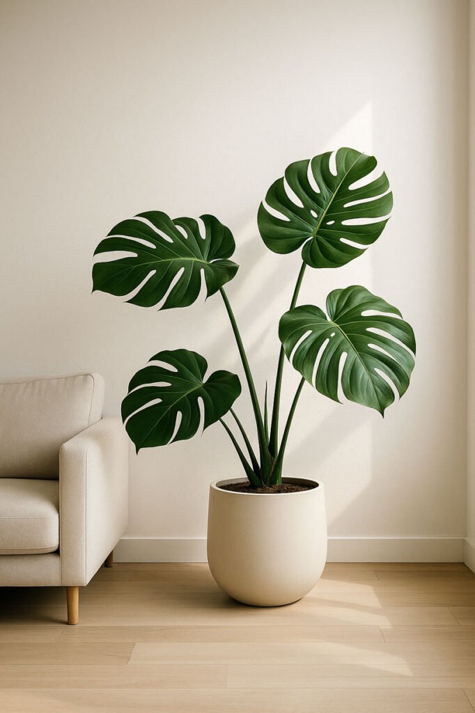Grande Monstera dans un pot en céramique mate, mise en scène dans un intérieur minimaliste lumineux