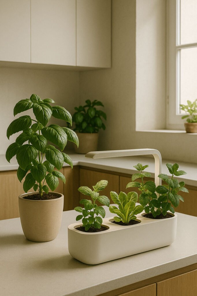Basilic, menthe et mini-laitues cultivés dans un module hydroponique design, cuisine contemporaine lumineuse