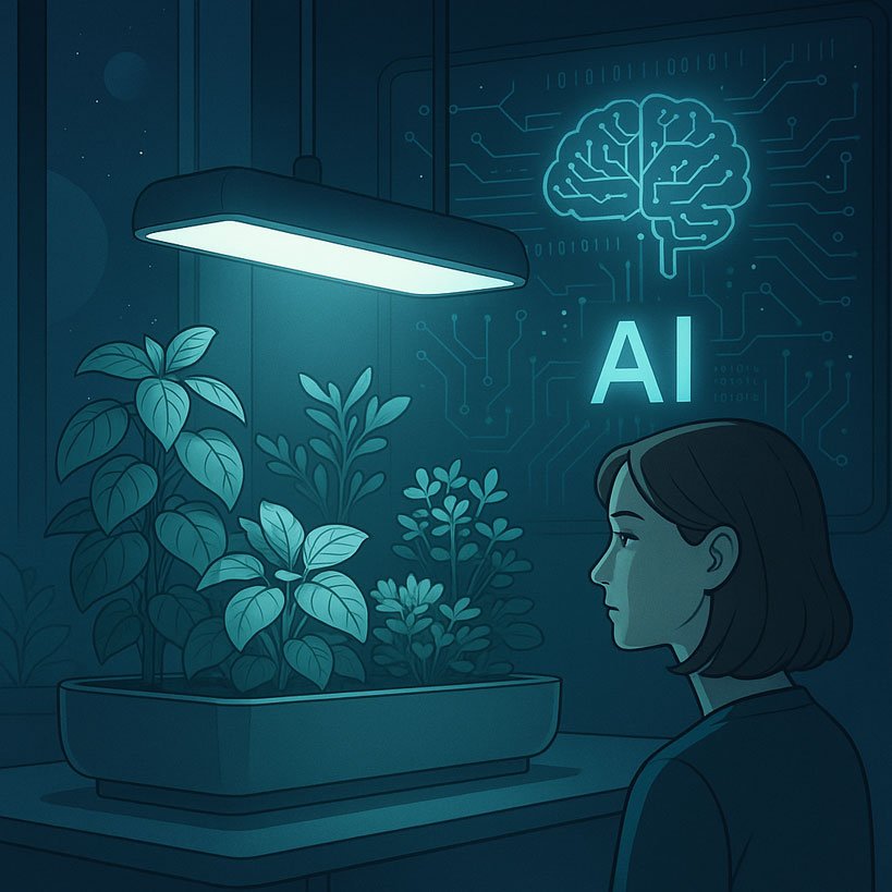 Jardin d’intérieur autonome éclairé par LED horticoles intelligentes, piloté par une intelligence artificielle optimisant la croissance des plantes.