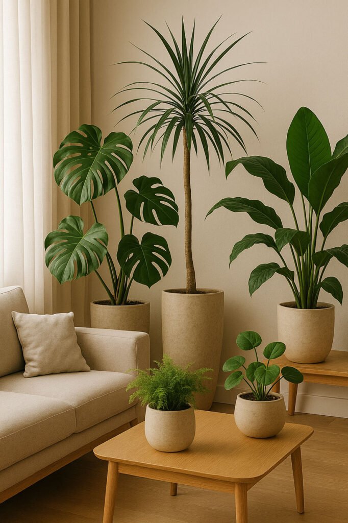 Coin végétal dédié au bien-être, lumière douce, plantes relaxantes et atmosphère sereine dans un intérieur contemporain