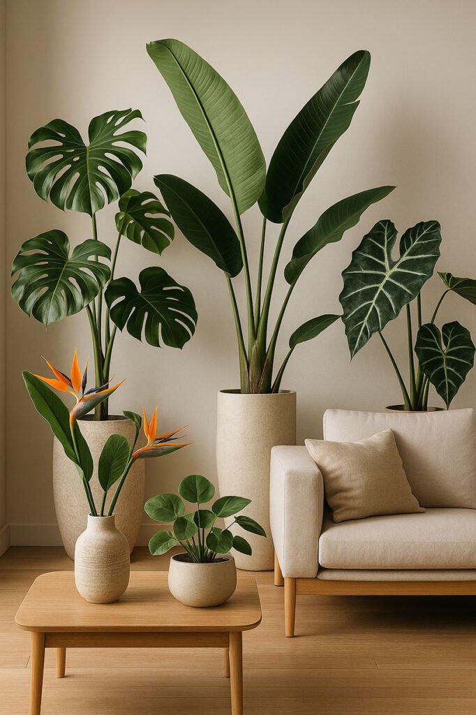 Composition végétale élégante dans un salon moderne, plantes graphiques mises en scène comme objets design