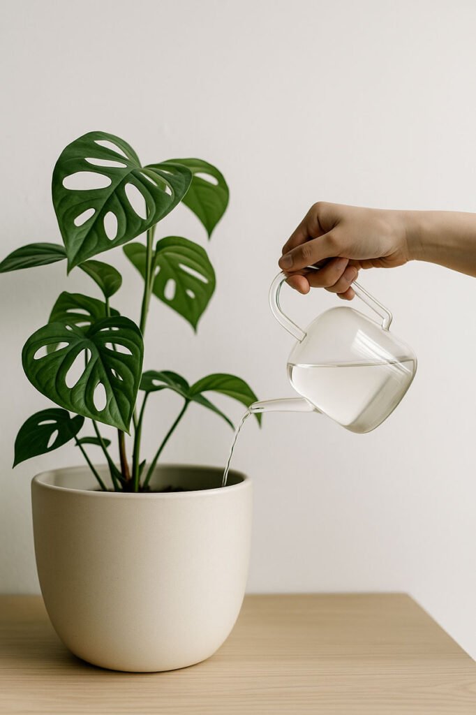 Main arrosant délicatement une plante d’intérieur dans un pot en céramique mate, ambiance minimaliste et lumineuse, jardin facile à entretenir.