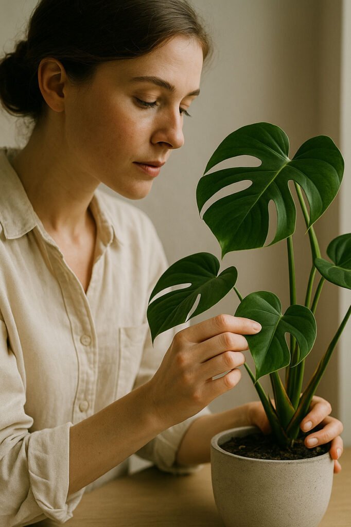 Gros plan d’une personne ajustant une feuille de Monstera dans une ambiance naturelle et intimiste, jardin d’intérieur cultivé avec passion.