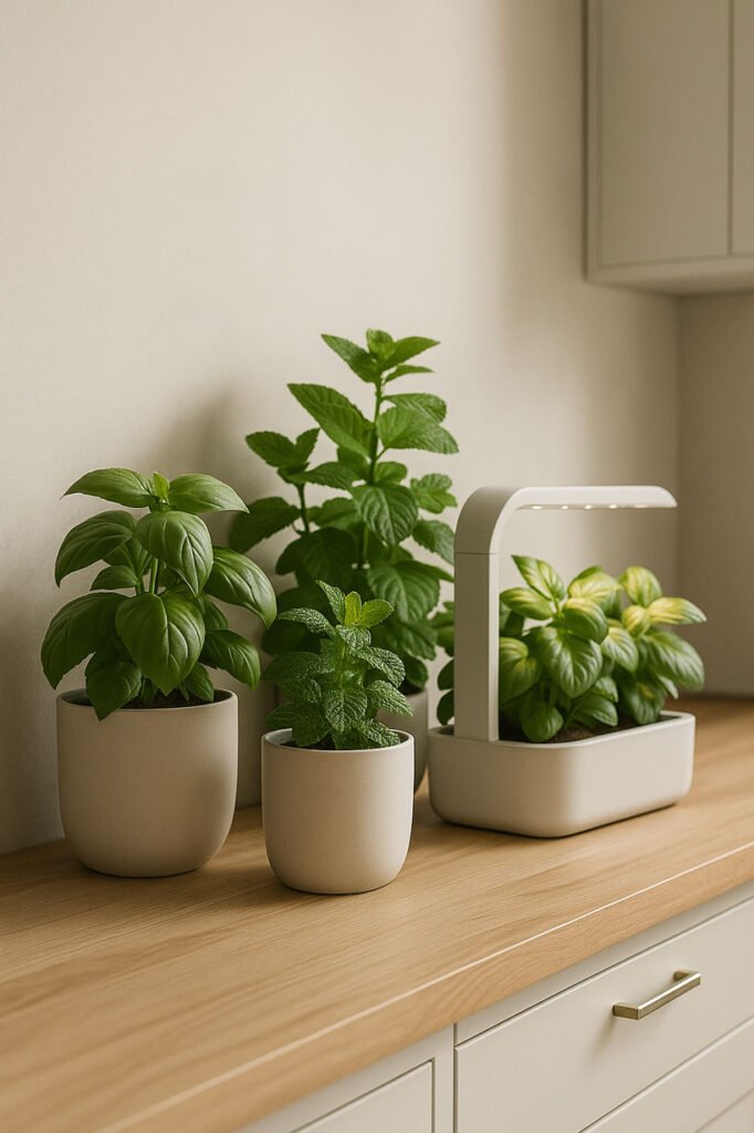 Aromates élégants et système hydroponique compact dans une cuisine contemporaine, basilic et menthe en pots neutres