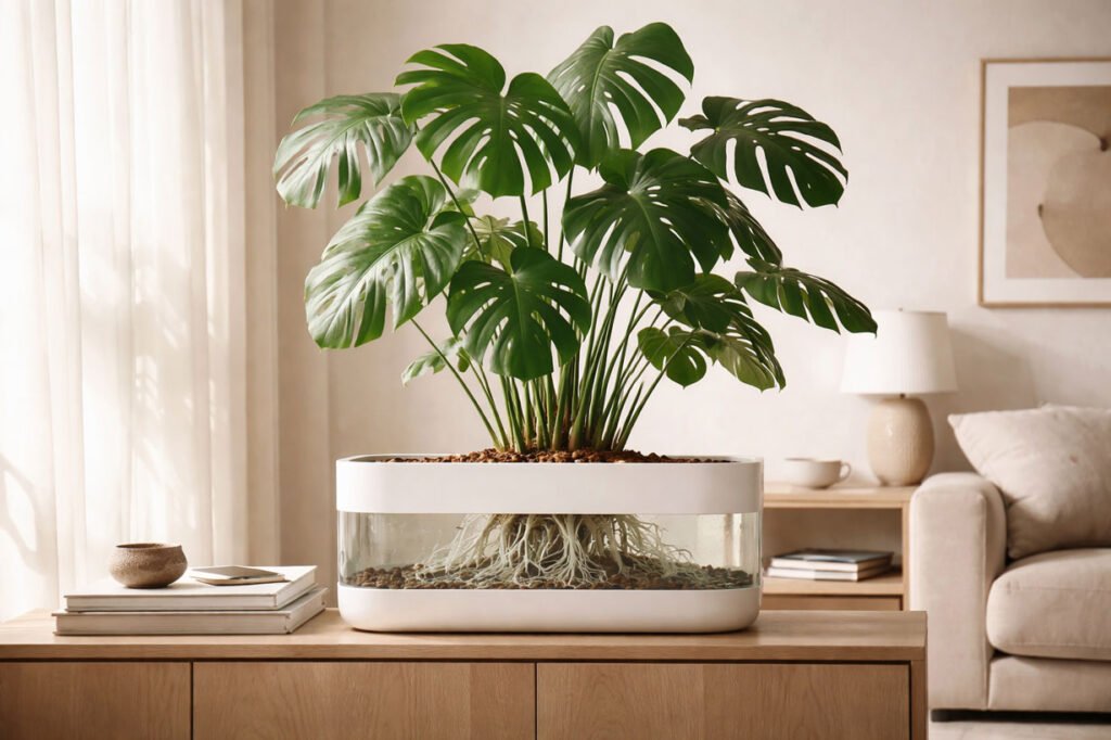 Plante d’intérieur cultivée en système hydroponique design avec racines visibles dans un contenant translucide, intégrée dans un salon contemporain épuré, illustrant les systèmes hydroponiques intérieur et le jardin d’intérieur nouvelle génération.