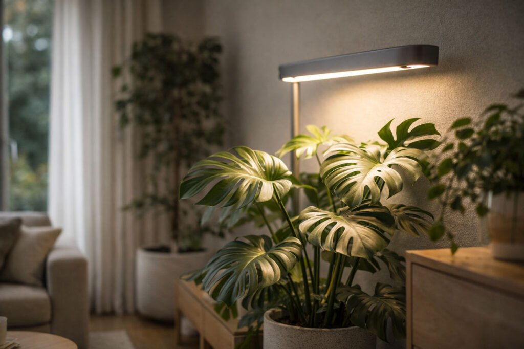 La-lumière-élément-clé-du-jardin-d’intérieur-moderne Éclairage horticole LED discret mettant en valeur une plante d’intérieur dans un environnement contemporain.