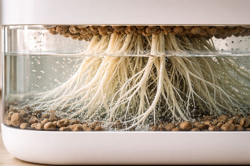 Gros plan sur des racines blanches et saines immergées dans un système hydroponique intérieur, avec eau claire et bulles d’oxygène, illustrant la culture hydroponique et la gestion racinaire moderne en intérieur.